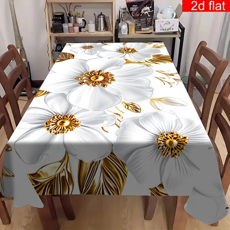 VIKAMA White Gold Floral Tablecloth Minimalist Luxury Style for Dining Room Kitchen Home Decor