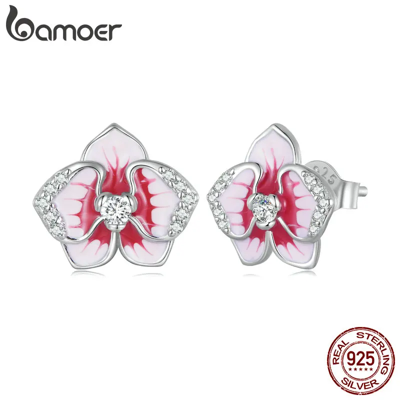 Bamoer 925 Sterling Silver Pink Butterfly Orchid Stud Earrings Enamel Phalaenopsis Flower Earrings for Women Fine Jewelry