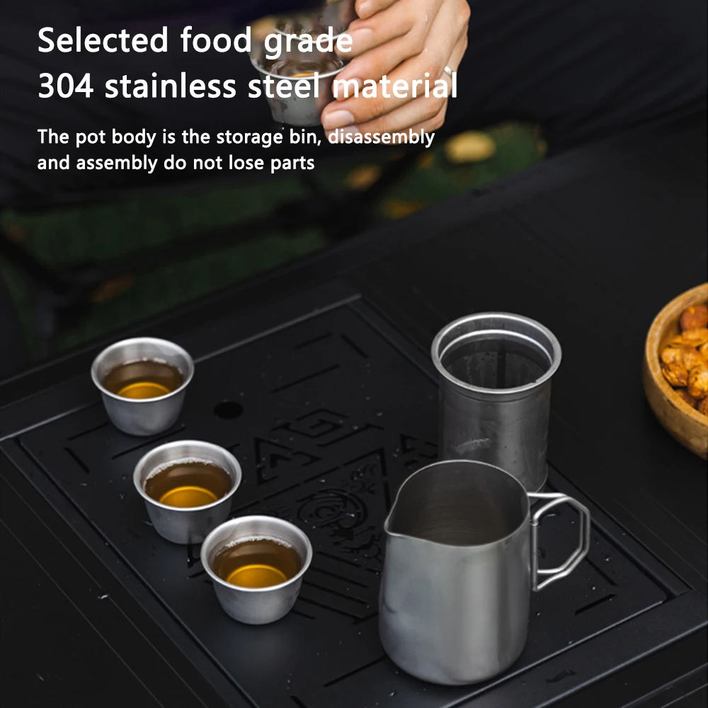 

Portable Tea Set 304 Stainless Steel Camping Kettle with 4 Cups Folding Handle Lightweight Travel Mug with Carrying Bag