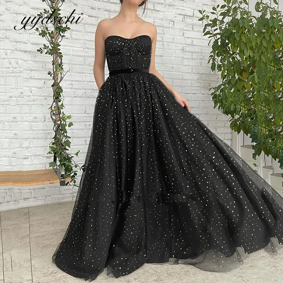 

2023 Prom Dress Black Shiny Strapless Tulle Prom Dresses Off The Shoulder Formal Party Gowns Glitter Elegant Evening Dresses