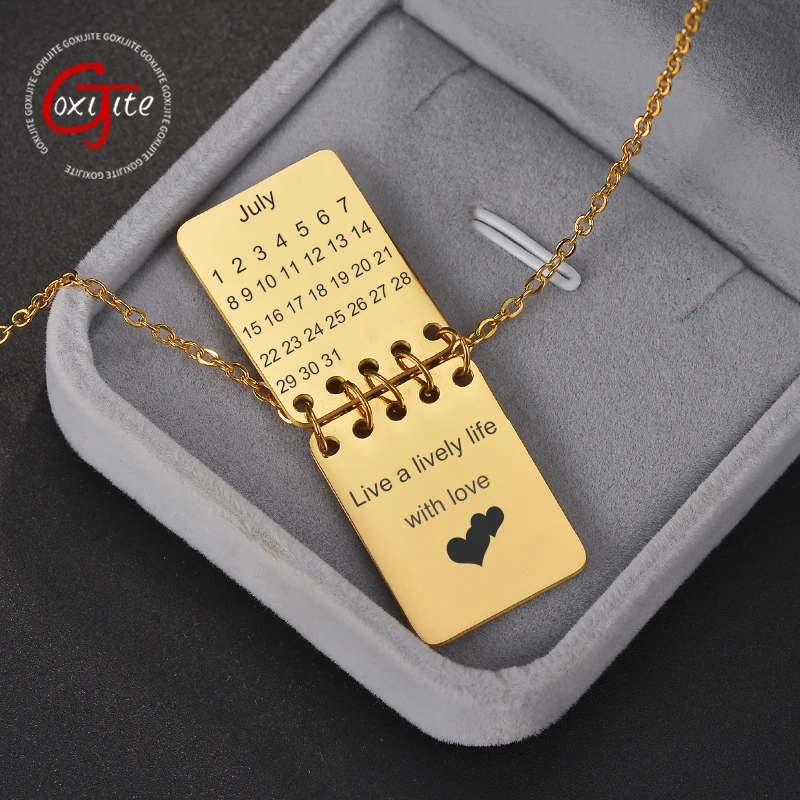 Goxijite Fashion Engrave Name Pendant Stainless Steel Calendar Page Carving Date Text Symbols Necklace Commemorative Day Gift