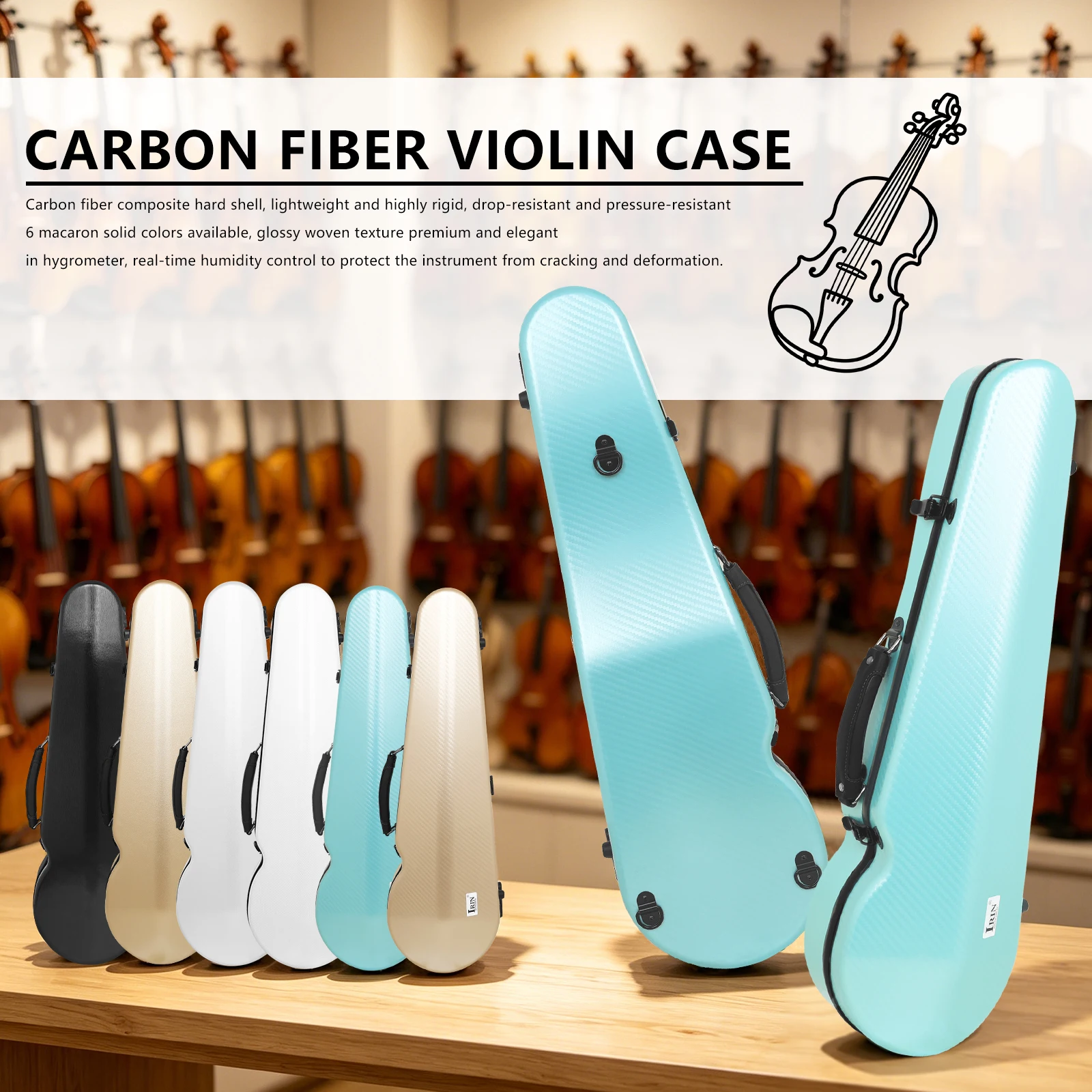 IRIN VB-115 1/2 Violin Case Lightweight Carbon Fiber Fiddle Case with Hygrometer Adjustable Strap String Instrument Accessories