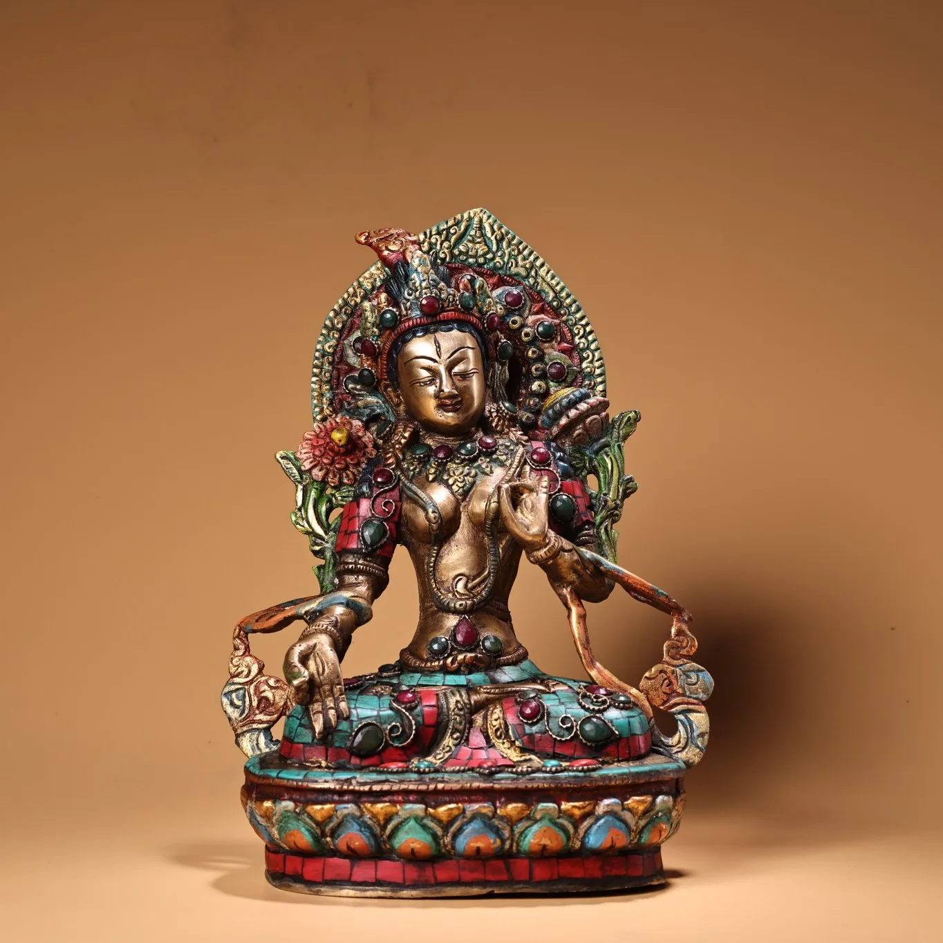 

12"Tibetan Temple Collection Old Bronze Outline in gold Mosaic Gem Turquoise White Tara Sitting Buddha Worship Hall Town house