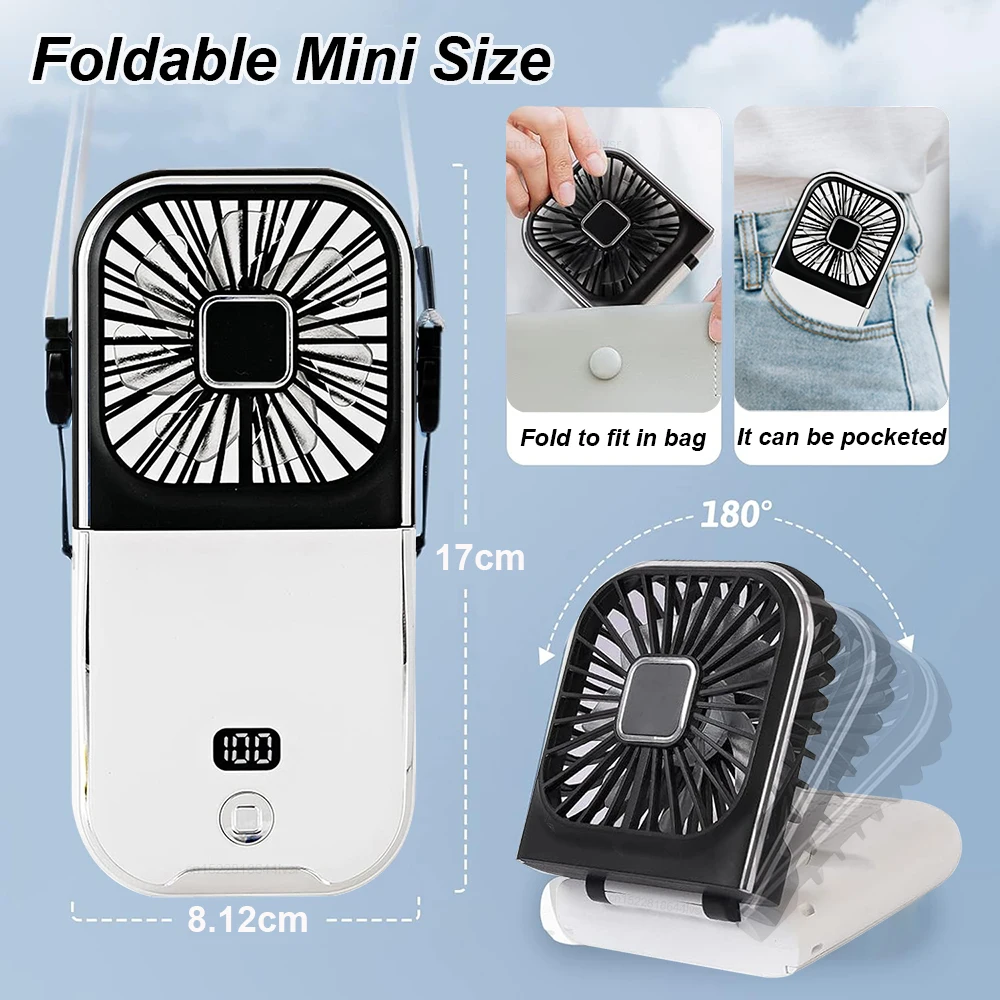 Mini ventilador portátil pescoço elétrico, pendurado pescoço ventilador, refrigerador de ar, USB recarregável, acampamento ao ar livre