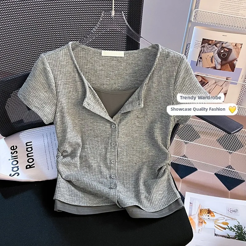

Casual ort Sve T-irt Girl Summer Faion High School Student Versatile Top Cotton Polyester Blend round Ne Basic Sle