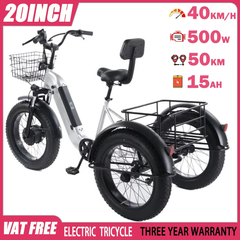 Electric Tricycle 500W48V20AH Lithium Battery Ebike Elderly People Snow Electric Bike For Commuting Outing 20*4.0Inch Fat Tire