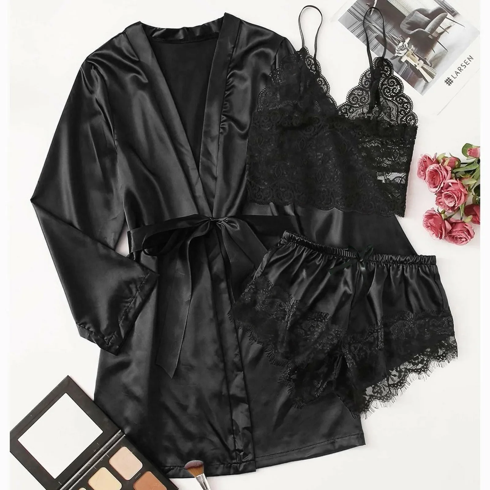 Woman Sleepwear 3pcs Solid Lace Trim Satin Pajamas Set With Robe Sexy Faux Silk Pijamas Robe Sets Casual Home Clothes Nightwear