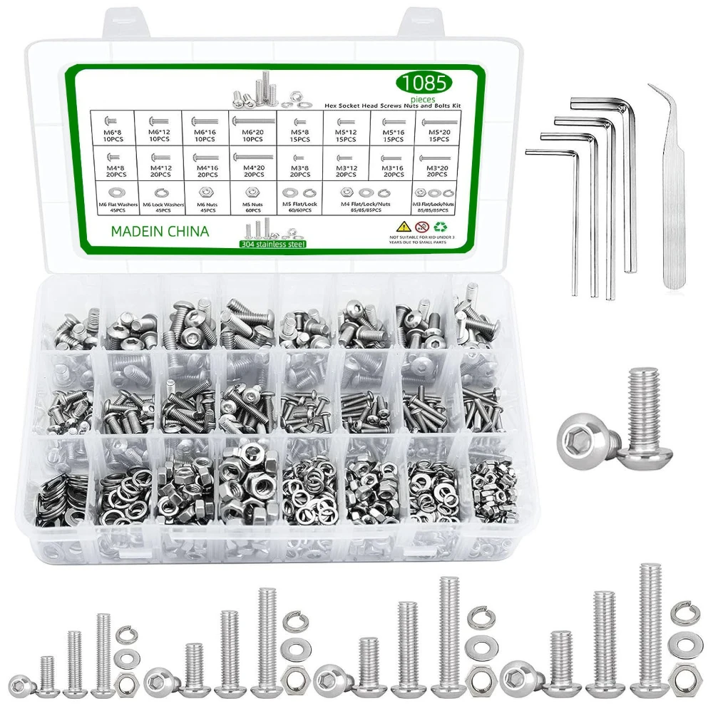 1085 Pcs screw set M3M4M5M6*8/12/16/20,Hex Hexagon Socket Button Head Screws Kit stainless steel Bolts with Nuts Washer ISO7380
