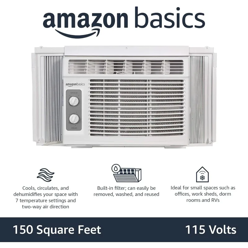 Basics Window Mounted Air Conditioner with Mechanical Control Cools 150 Square Feet, 5000 BTU, AC Unit, White