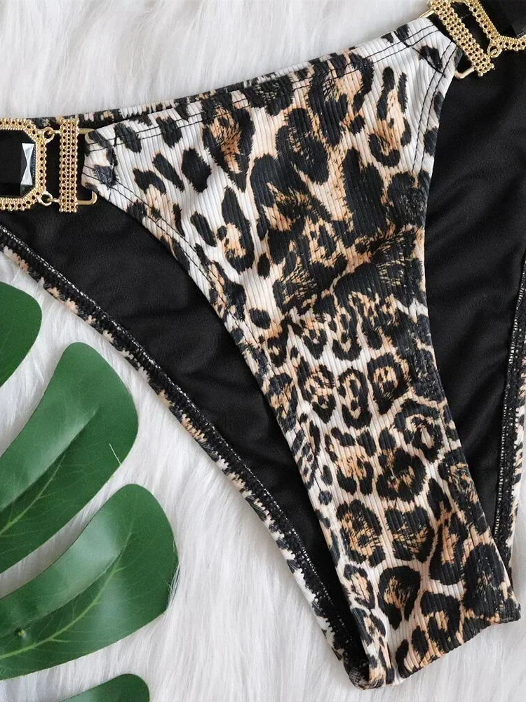 Sexy leopardo halter strass diamante biquíni feminino maiô de duas peças conjunto biquíni com nervuras maiô nadar senhora