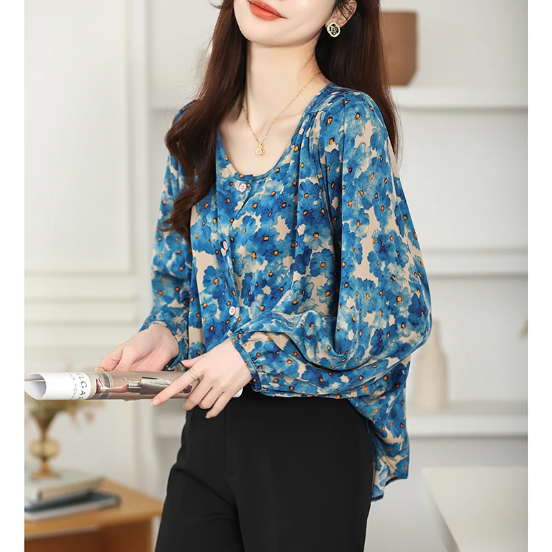 Women Spring Korean Simplicity Office Lady Loose Printing O-neck Long Sleeve Shirts Women Clothes Casual All-match Trend Tops