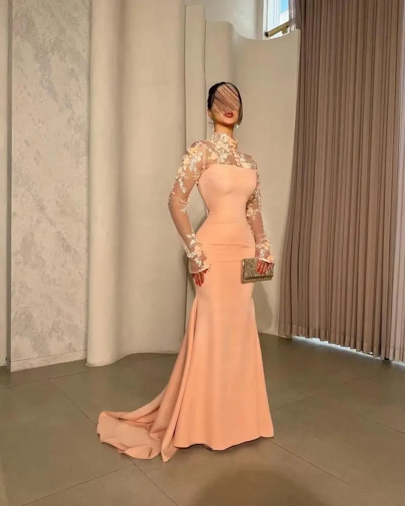 

Jirocum персиковое вечернее платье с высоким воротом и цветочным кружевом с длинными рукавами и разрезом, роскошные вечерние платья для выпускного вечера на красной ковровой дорожке