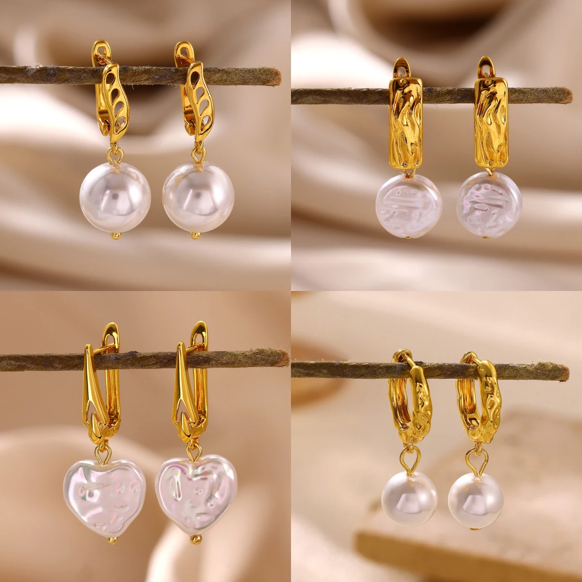 Goldfarbene Perlen- und Herz-Tropfenohrringe für Damen, unregelmäßig strukturierte Huggie-Creolen, wasserdicht, eleganter Schmuck, Partygeschenke