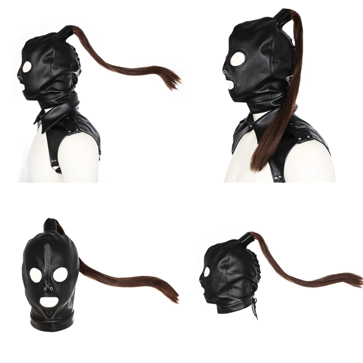 Unisex Roleplay Mask Cosplay Bondage Sexy Mask Hood with Top Wig Braid PU Headwear Handmade Halloween Party Women Game Custumes