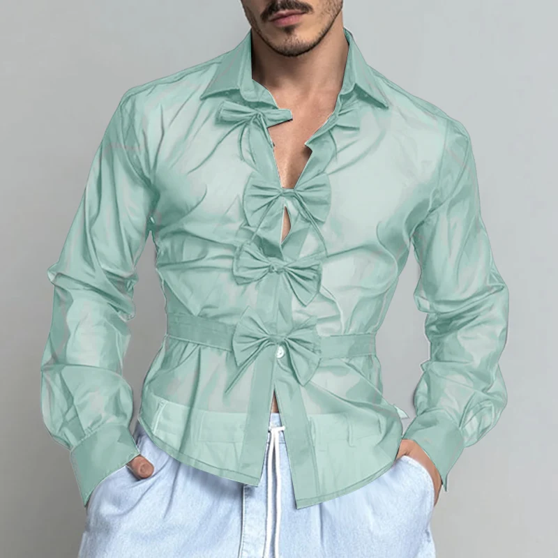 INCERUN Kemeja Pria Warna Solid Kerah Lengan Panjang Transparan Seksi dengan Ikat Pita Pakaian Pria Longgar Streetwear 2025 Fashion Kemeja Pria
