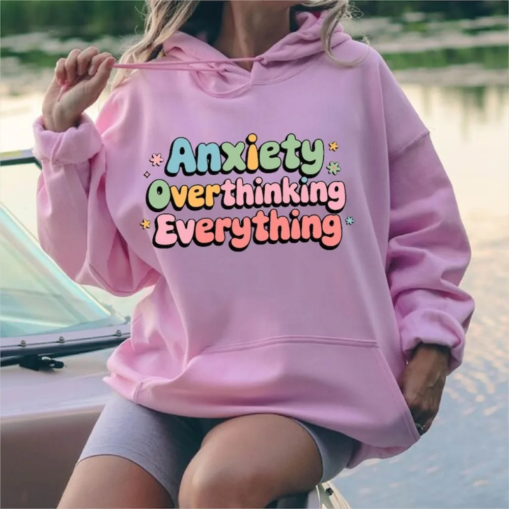 不安、考えすぎる、すべて、パーカー、メンタルヘルス啓発、衣類、女性、モダンでトレンディなスウェットシャツ、秋冬アパレル