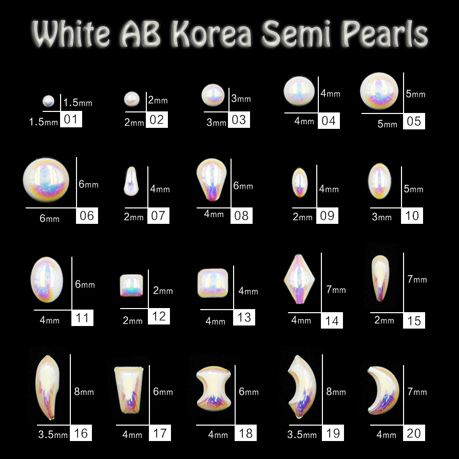 

1440PCS High Quality Various Shapes White AB Korea Pearls Semi Flatback Nail Art Rhinestones Decorations Manicure Ornaments Kit