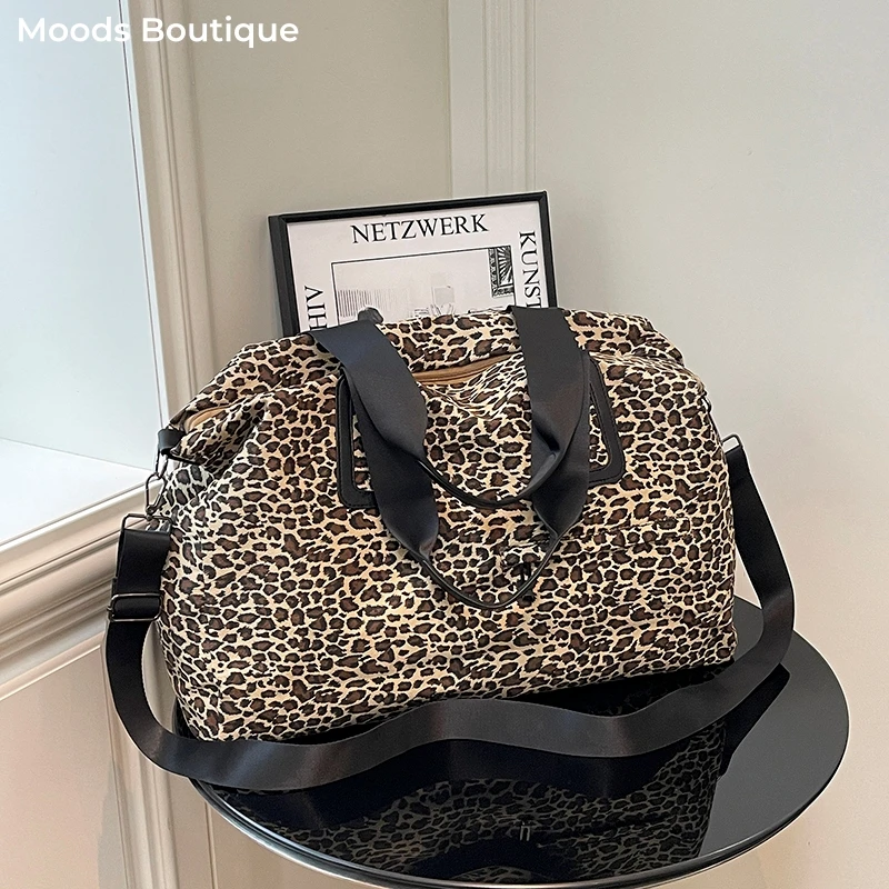 

Leopard Prints Large Size Travelling Duffel Bags For Women Cotton Fabric Big Capacity Shopping Shoulder Cross Body Gym Handbags
