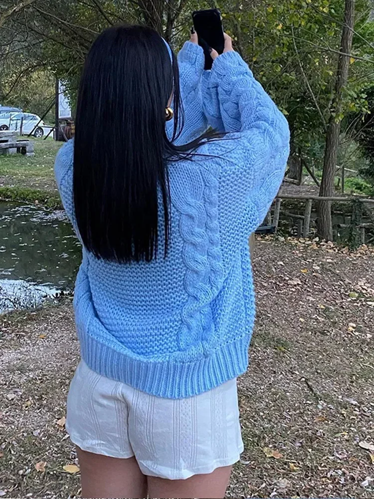 Suéter de punto de hilo suelto azul para mujer, jersey de manga larga con cuello redondo, jerséis cálidos de gran tamaño, suéter elegante para mujer, otoño e invierno, 2024