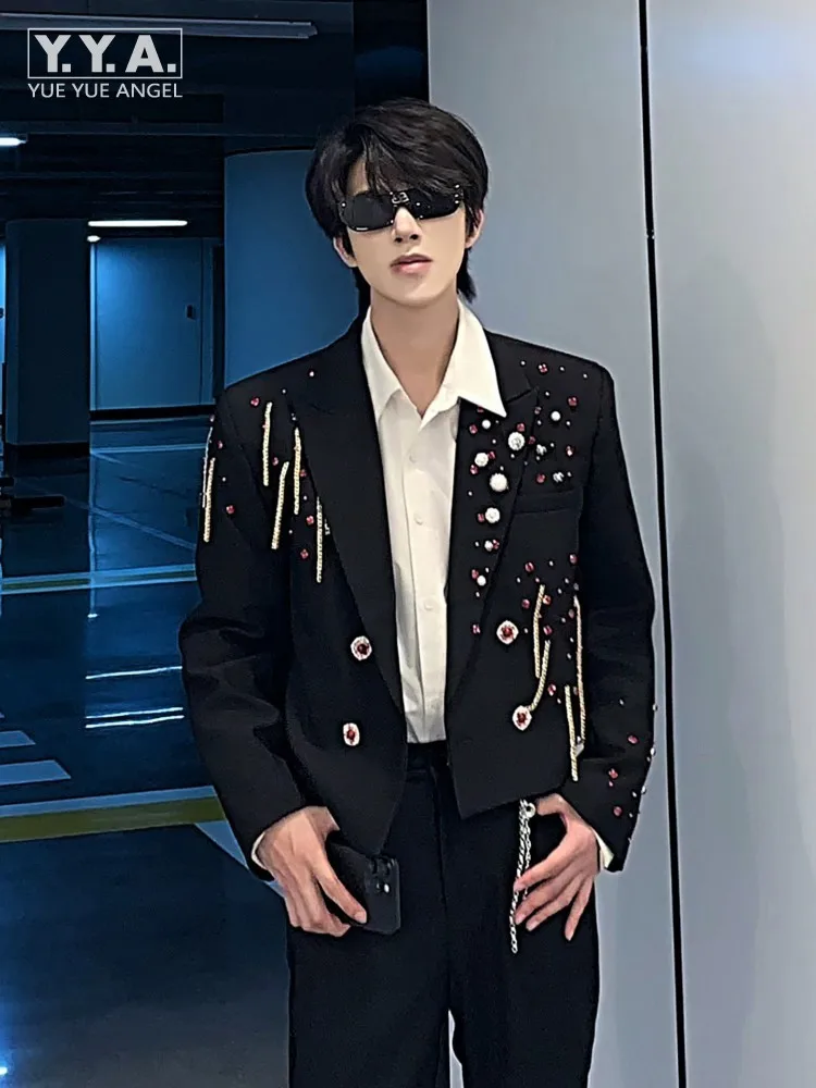 

Повседневный мужской новый модный пиджак с кисточками и цепочкой, инкрустированный бриллиантами, дизайнерский пиджак, однобортный, свободный крой, верхняя одежда, пальто