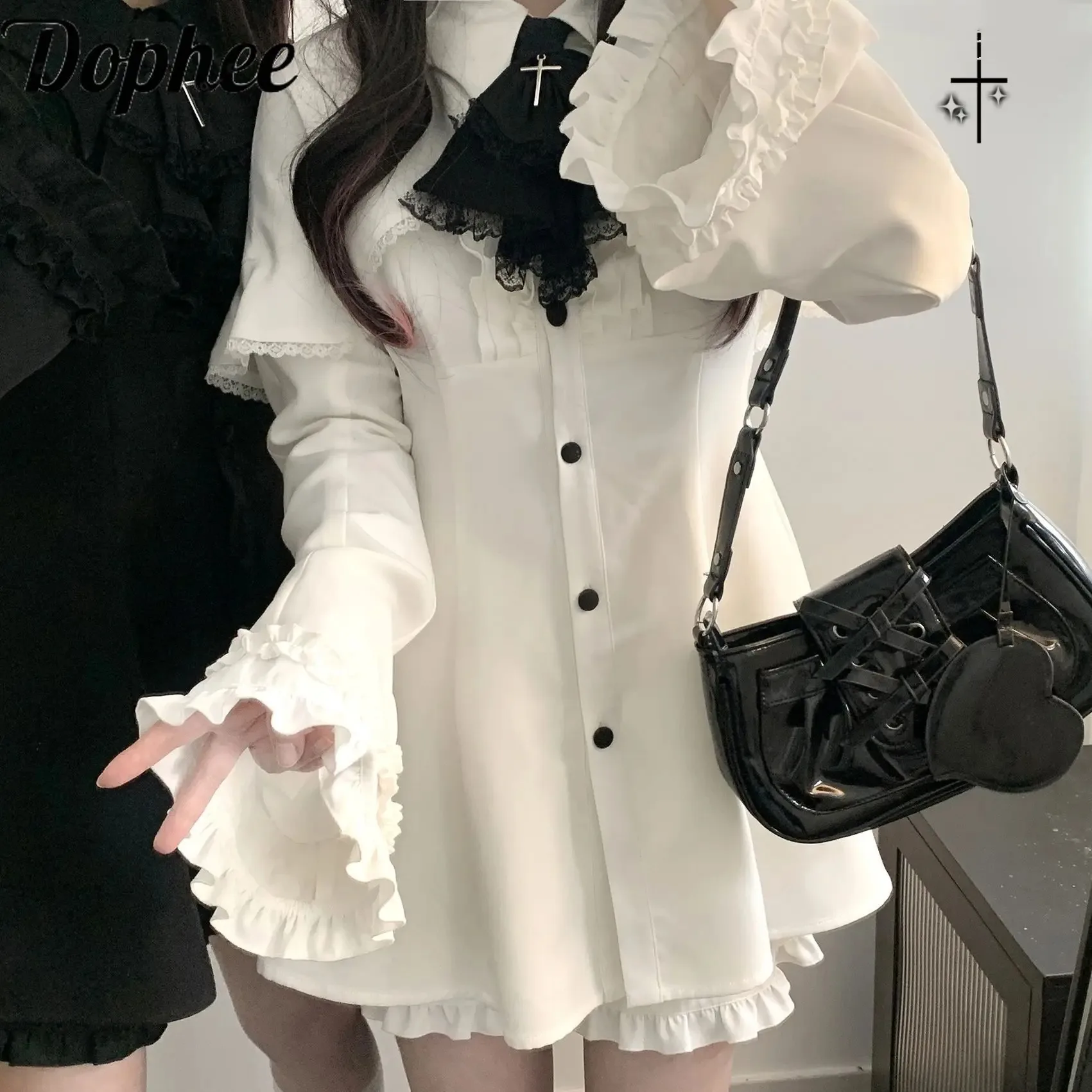 

Dophee Japan Style Two-piece Set Color Block Elegant Flare Sleeve Shirt Dress + Ruffles Casual A-line Shorts Lolita Women Suits