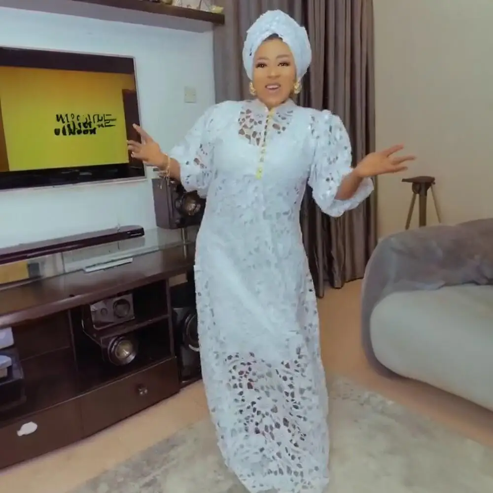 2025 African Women Popular National Dresses Lace Hollow Out Plus Size Maxi Dress and Inner Skirts Luxury Muslim White Abayas New