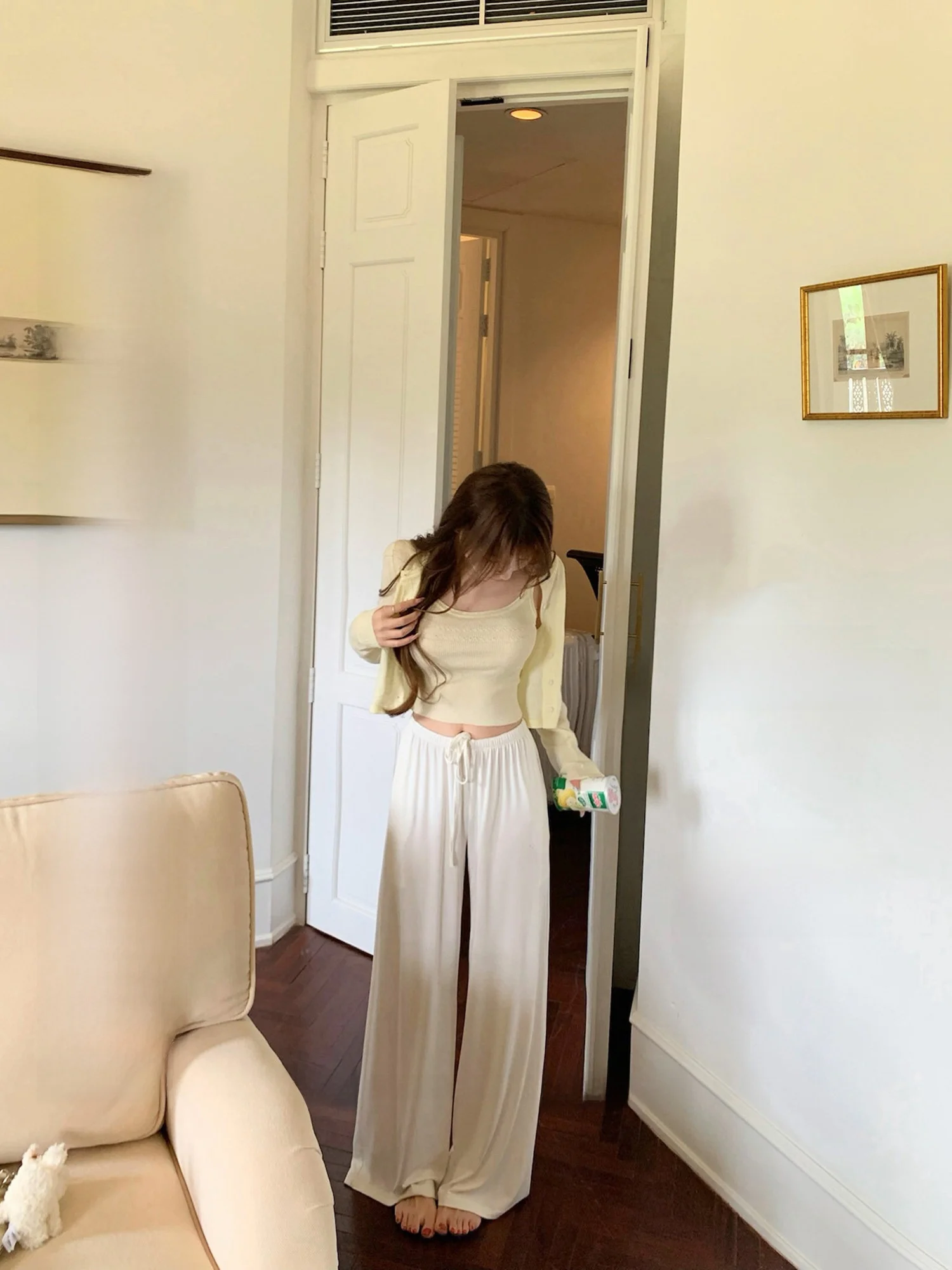 

Lukira Lazy Person's Milk Skin Pants Pure Color Straight Leg Casual Woolen Loose Summer Long Trousers for Women
