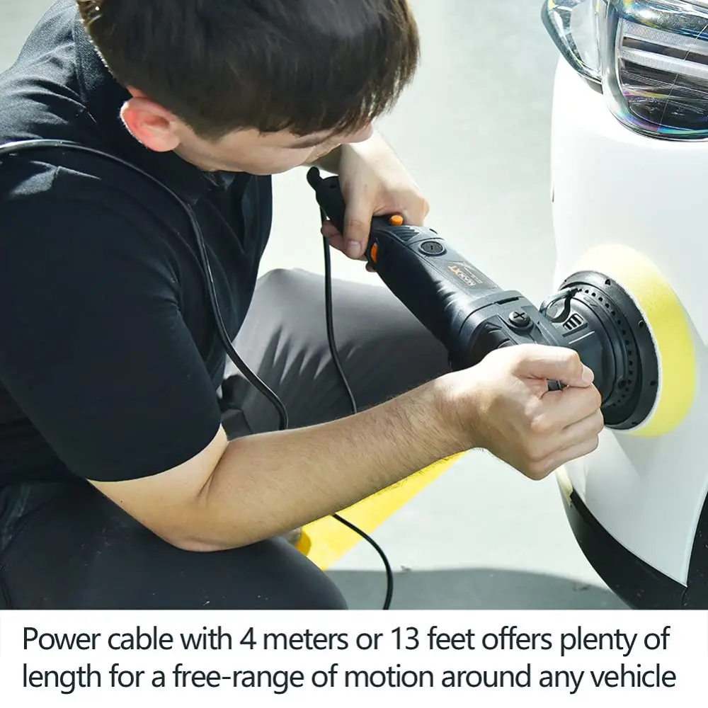 Dual Action Car Buffer, 21mm Random orbital Polisher, 6 Variable Speeds 2100-5000 OPM, 6 inch(150mm) backing plate with 4 polishing Pad, 4M(13ft) Long Cable for car polishing and waxing