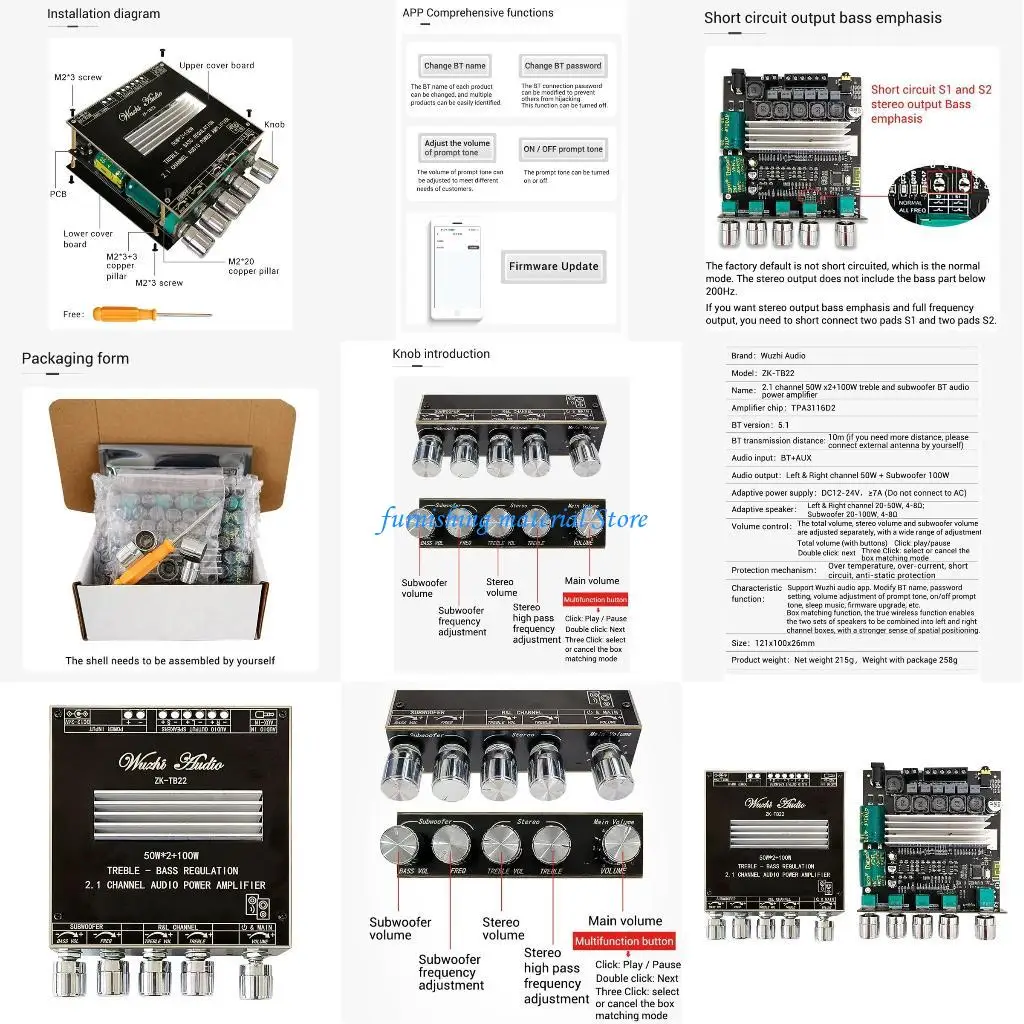

Y5GD BT- Amplifier Board 2.1 2X50W+100W 12V-24V Power Amplifier Module with BT-/AUX Input Support BT- Name App