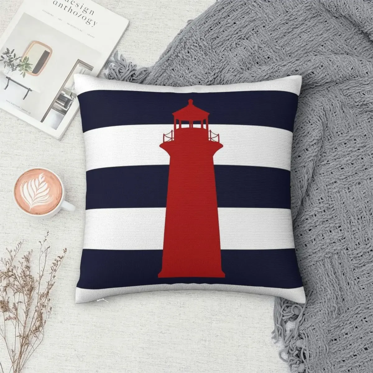 Nautical Red Lighthouse On Navy Blue Stripes Pillowcase Pillows Cover Cushion Comfort Throw Pillow Sofa Decorative Cushions Used