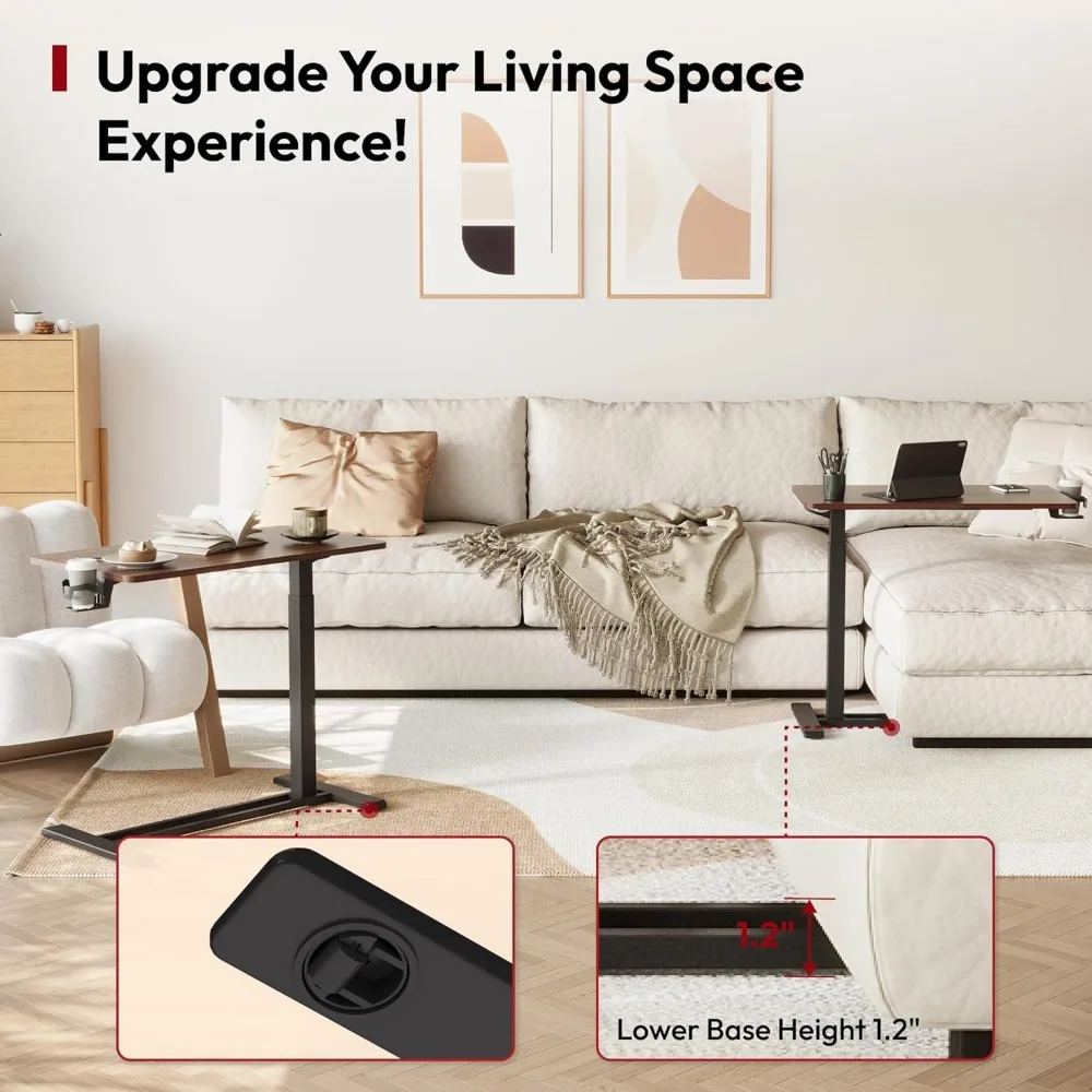 Medical Adjustable Overbed Bedside Table with Hidden Casters, Pneumatic Mobile Laptop Computer Standing Desk Cart with Tray, Ho