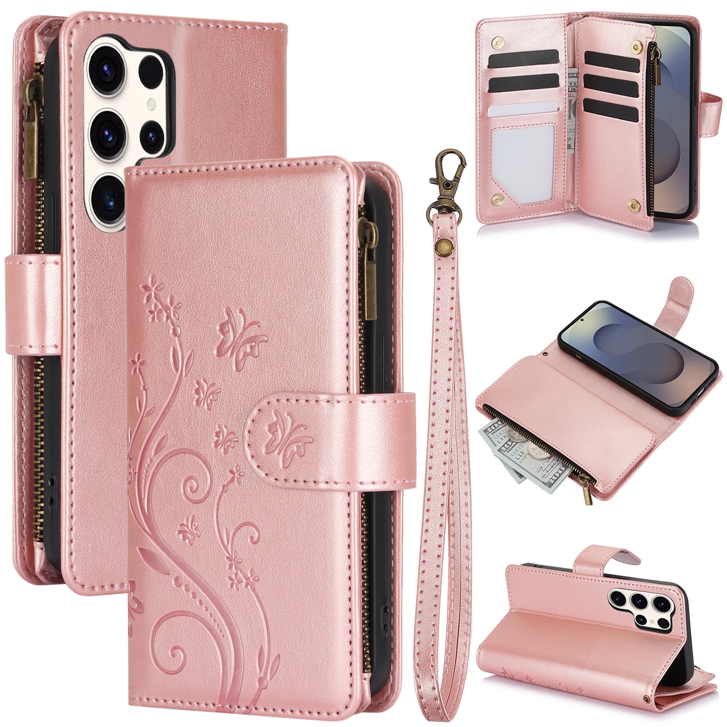 Wrist Strap Zipper Cards Solt Wallet Leather Phone Case for 