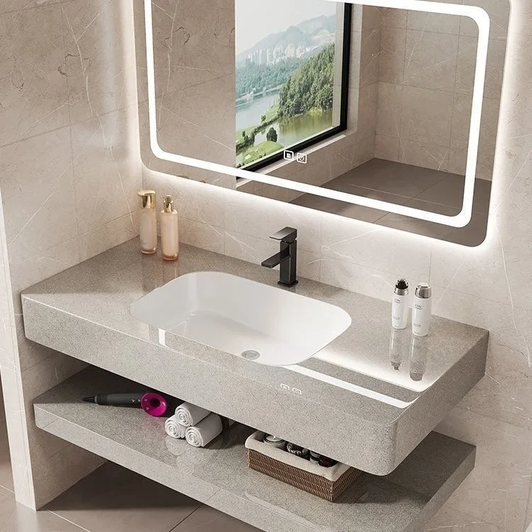 Rounded rock slab seamless integrated cabinet combined wash basin integrated basin hotel bed and breakfast bath
