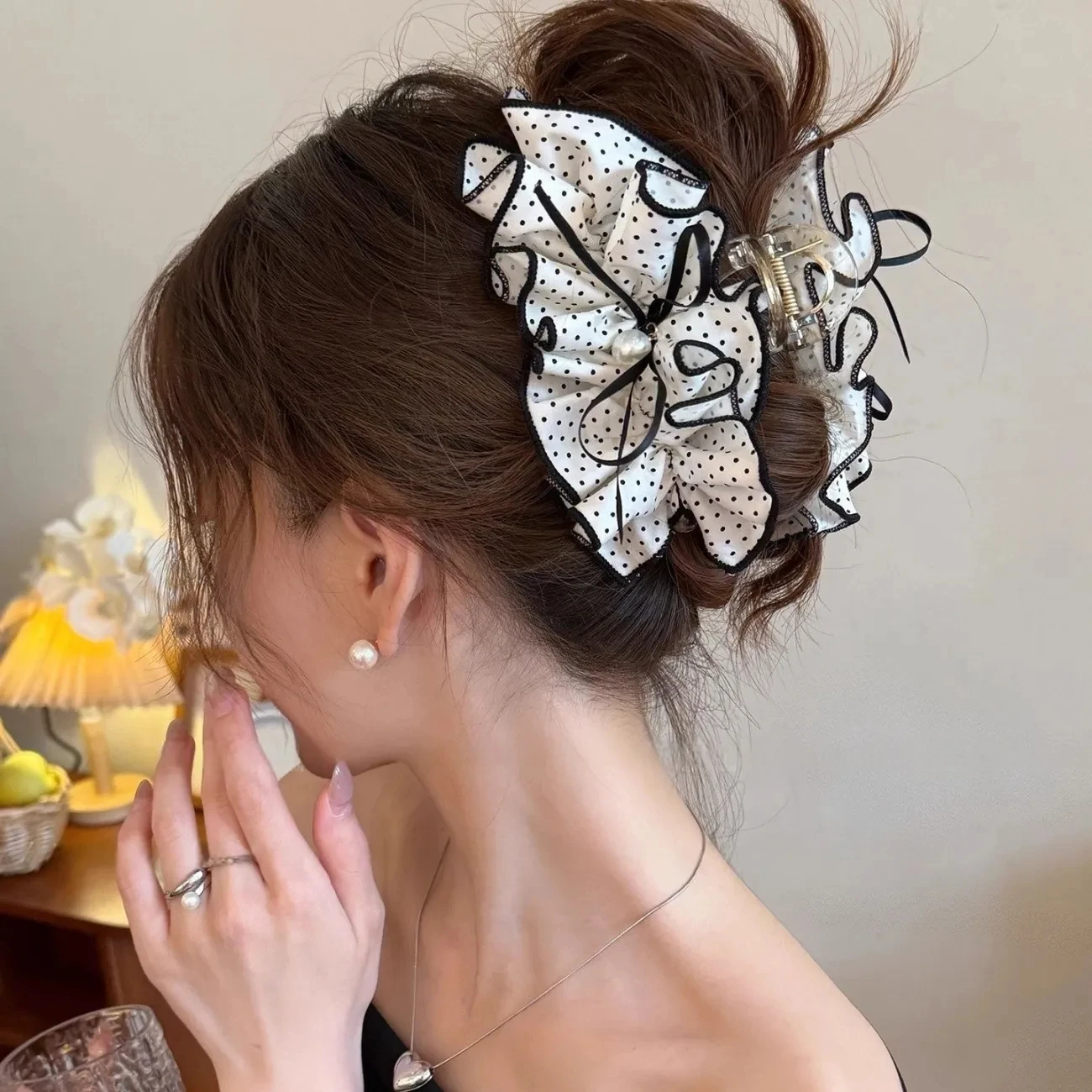 For Women Girls Sweet Large Hair Claw High Horse Tail Shark Clip Versatile Fluffy Polka Dots Hair Clip Fashion Hair Accessories