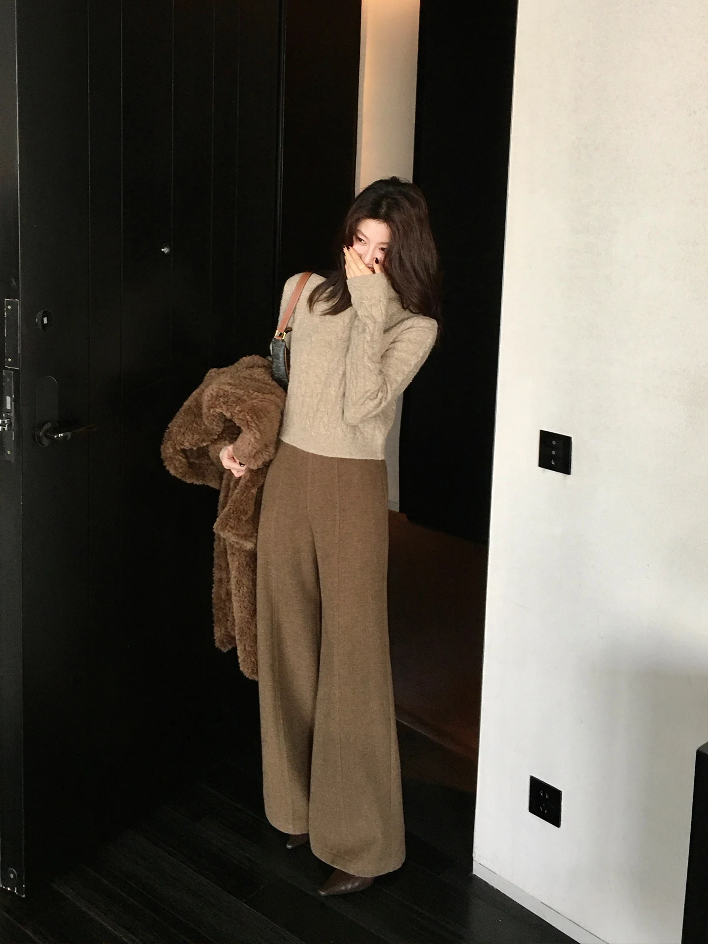 

Dragon Xier Light Mature Vintage Wool Wide Leg Pants Women High Waist Dra Loose Slim Straight Casual Long Trousers