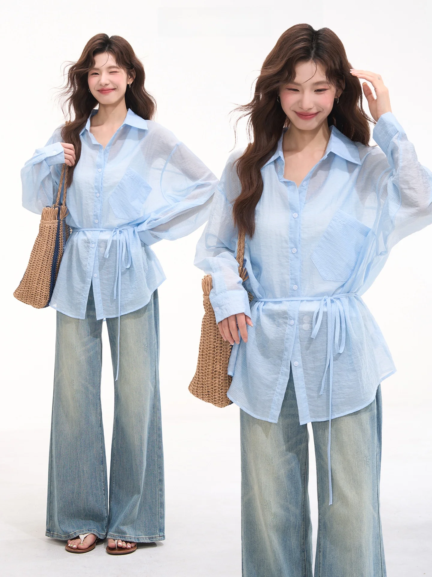 

Свободная женская рубашка в полоску для защиты от солнца в корейском стиле, повседневный модный летний топ с длинным рукавом и отложным воротником из нейлоновой смеси