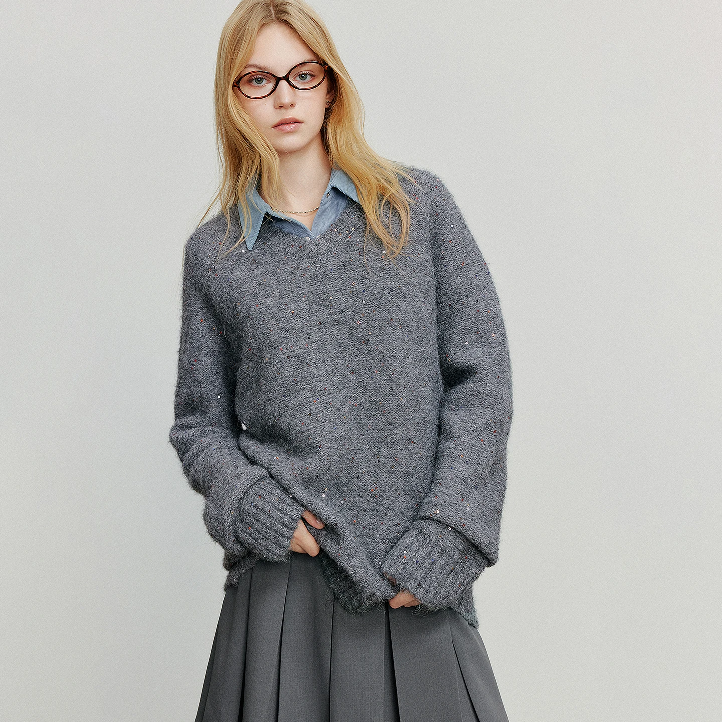 TOYOUTH Women Sweaters 2025 Autumn NewAsymmetric Soft Wool-blend Sequin Retro Gray Loose V-neck Knitted Design Pullover Tops