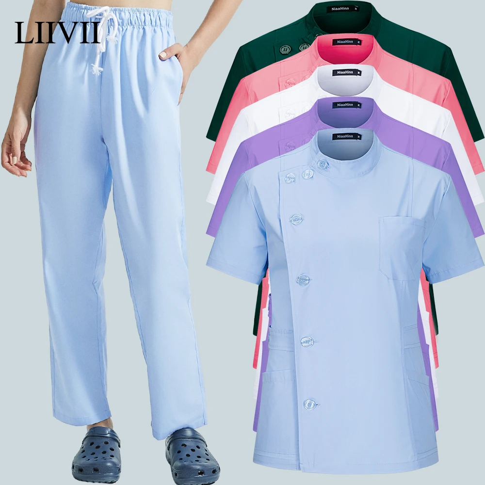 

Hospital Workwear Women Scrubs Suits Buttons Nurse Uniform Clinical Scrubs Set Dental Clinic Clothes Female Staff Pink Blue Coat