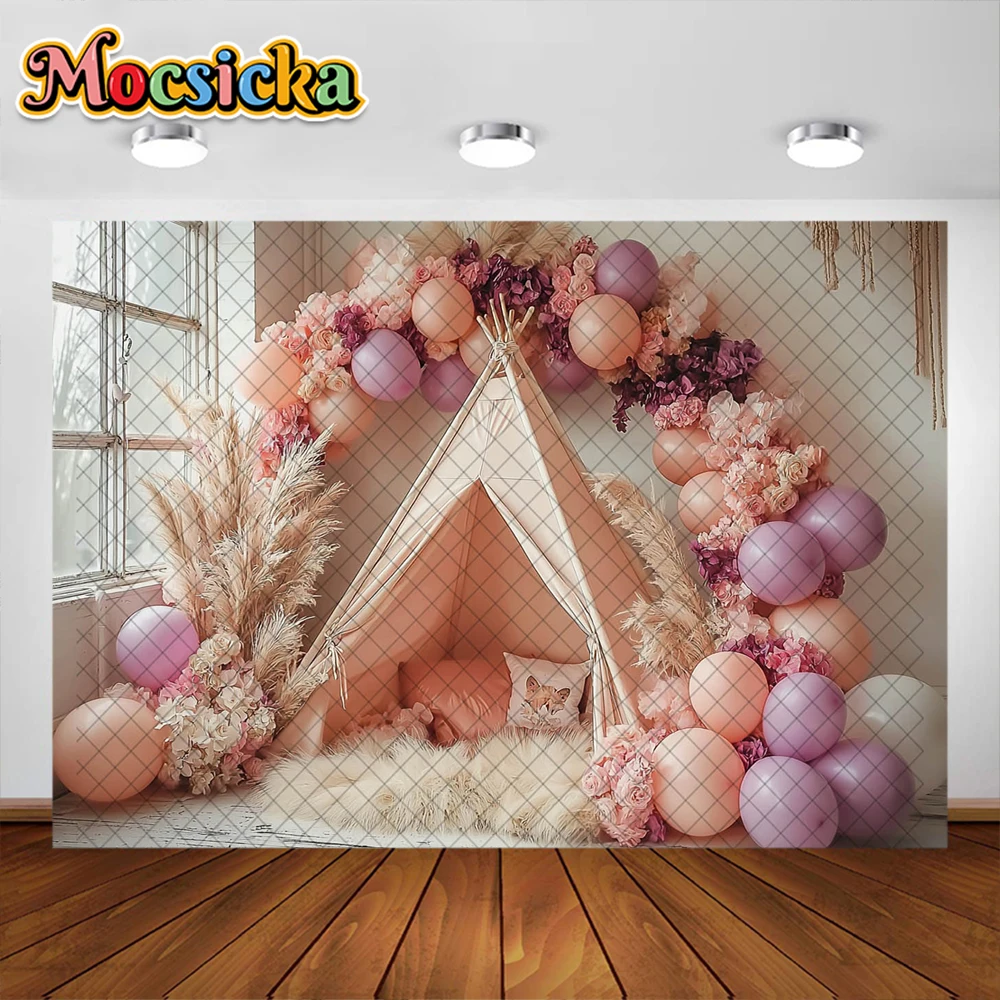 Bohemian Photography Background Colorful Balloon Tent Decoration NeWborn Baby Shower Cake Smash Background Studio Props Banner