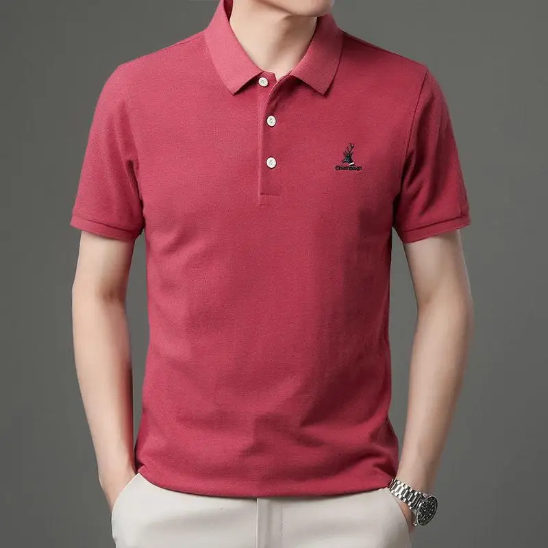 

Spring Short Sleeve Shirt Pure Color Embroidery Turn-down Collar Mid-aged Dad Sweatshirt Thin Cotton Business Red