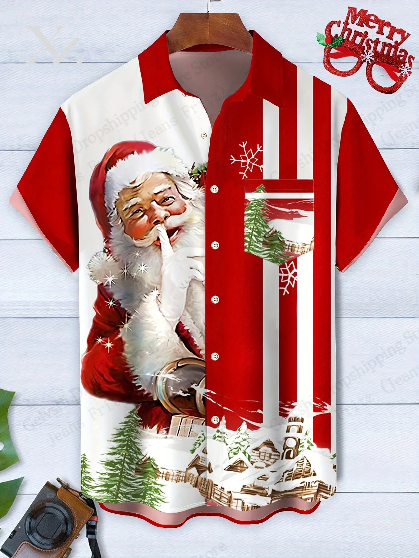 Funny Santa Claus 3D Print Hawaiian Shirt Men Women Fashion Single-breasted Short Sleeve Shirt Christmas Blouse Men Clothes Gift