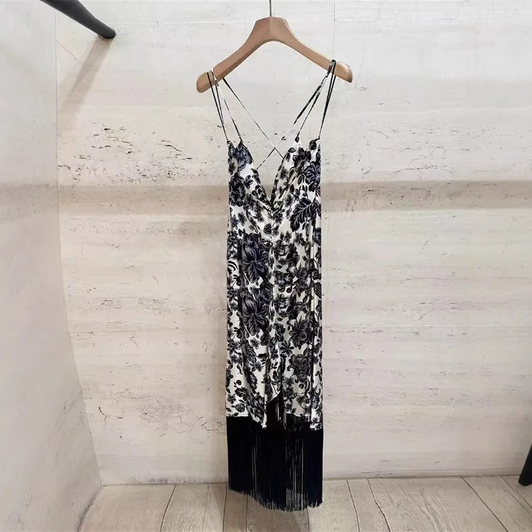 

2025 early spring elegant black and white print patchwork fringe fine halter dress sexy waist dress streetwear