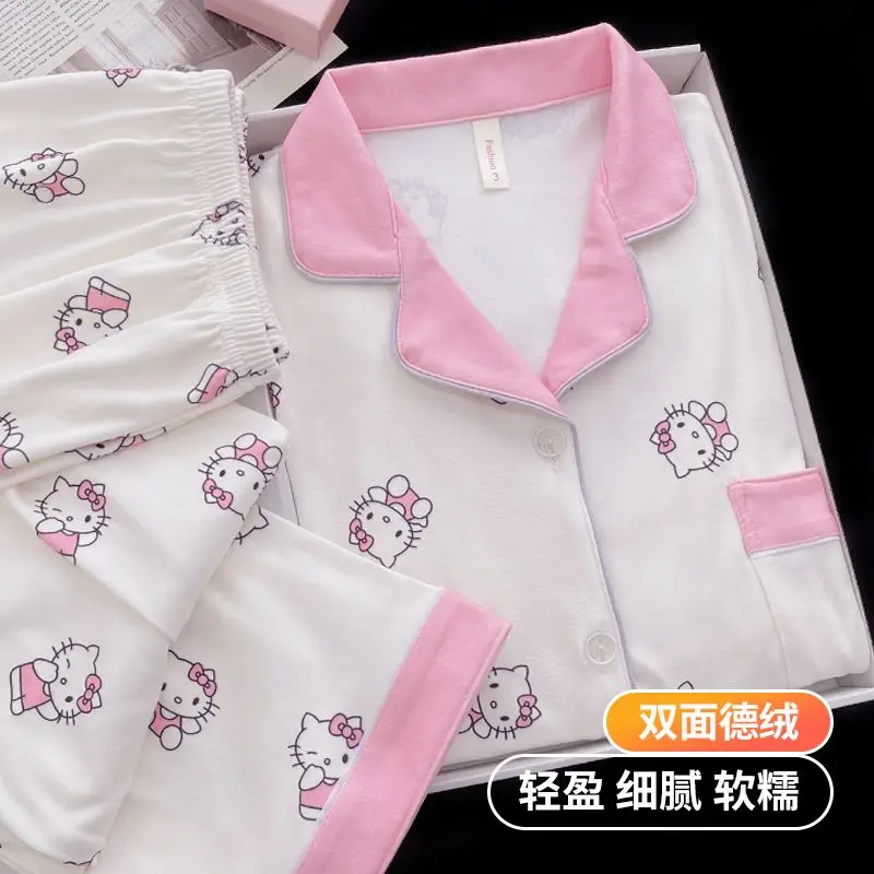 Kawaii Sanrio Hello Kitty การ์ตูนชุดนอนชุดสาวน่ารักฤดูใบไม้ร่วงฤดูหนาวเสื้อผ้าที่อบอุ่นหวานสบายๆเสื้อผ้า