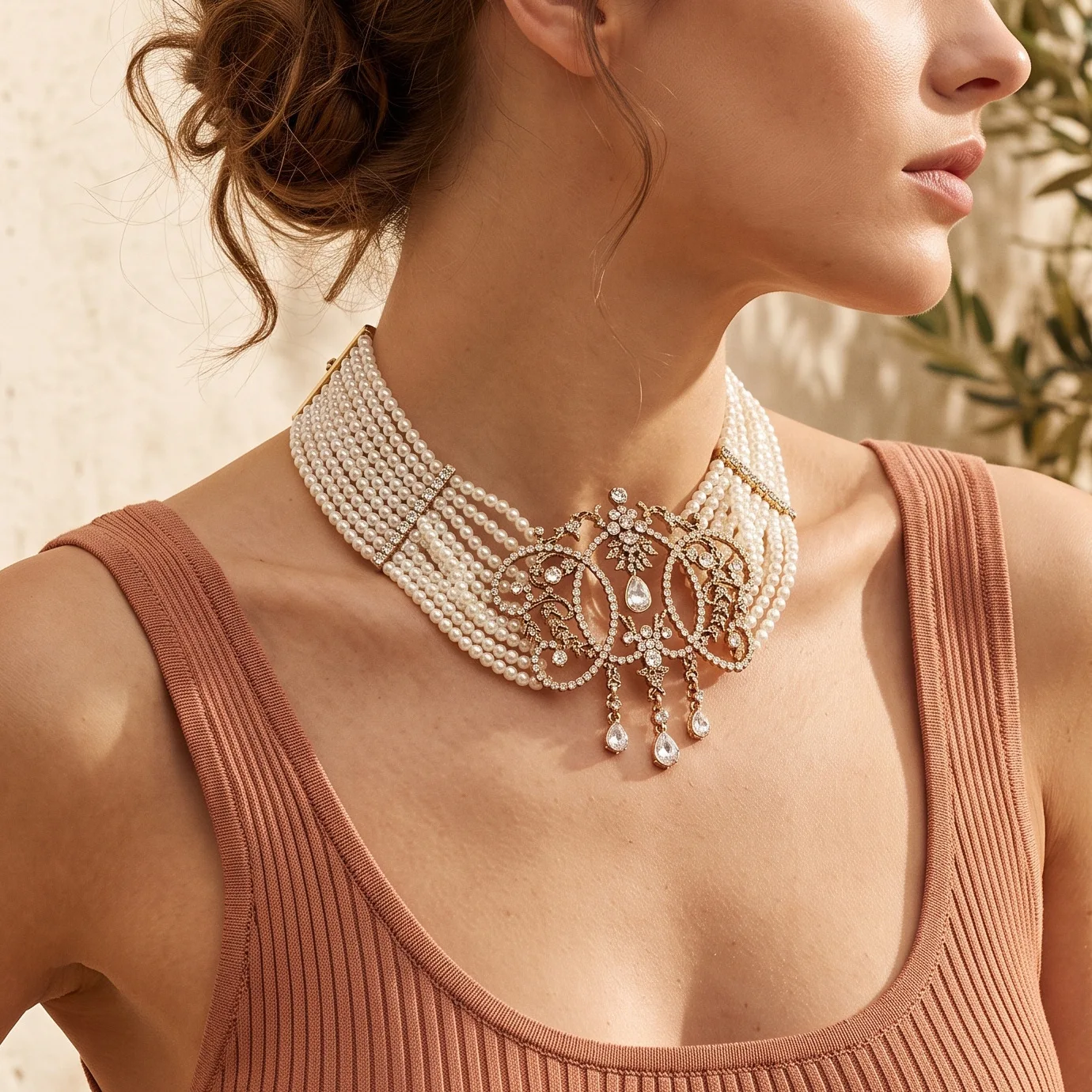 Vintage Multi Strands Pearl Choker Necklace for Women, Baroque Rhinestone Statement Bib Necklace Jewelry