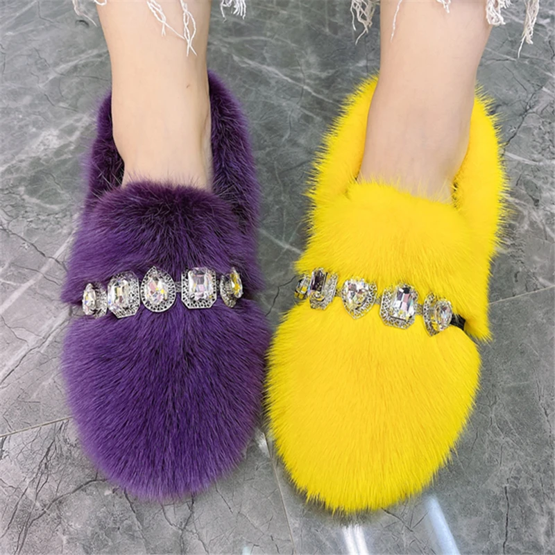 

Yellow Women Flats Comfortable Moccasins Ladies Winter Warm Fur Loafers Crystal Decor Mink Fur Espadrilles Smoking Driving Shoes