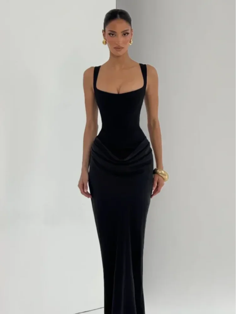 

Waist-Cinching & Off-Shoulder Square Neck Dress - 2026 Women‘s Slim Fit Pleated Sling Gown, Solid Color Sleeveless Evening Wear