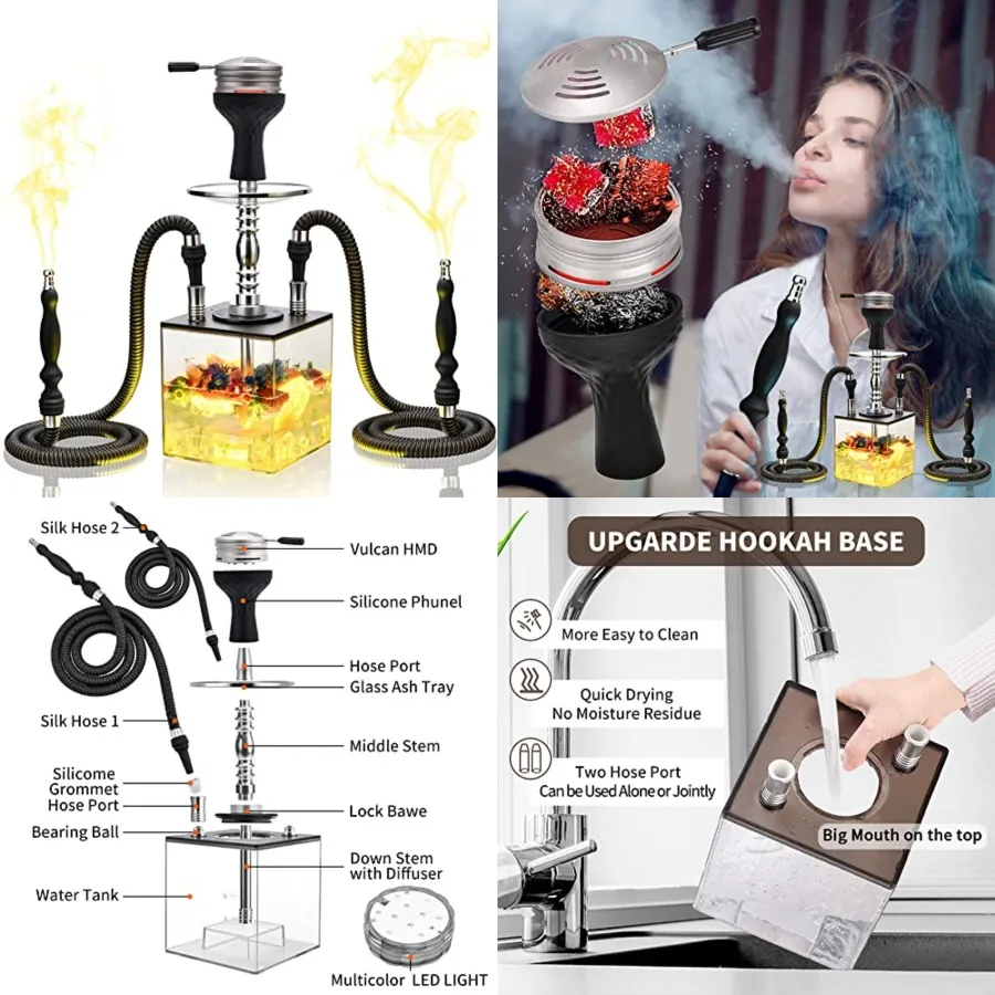 

2 Hose Acrylic LED Hookah Set - Cube Design with Vulcan HMD Silicone Phunnel Bowl, Multicolor Light Up Shisha, Complete Party H