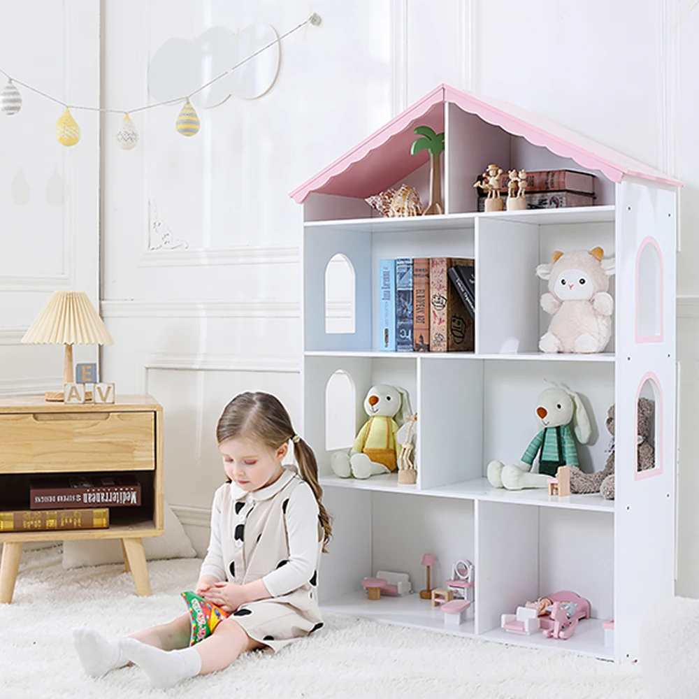 木製ドールハウス型本棚 子供部屋/プレイルーム用 おもちゃ収納オーガナイザー棚