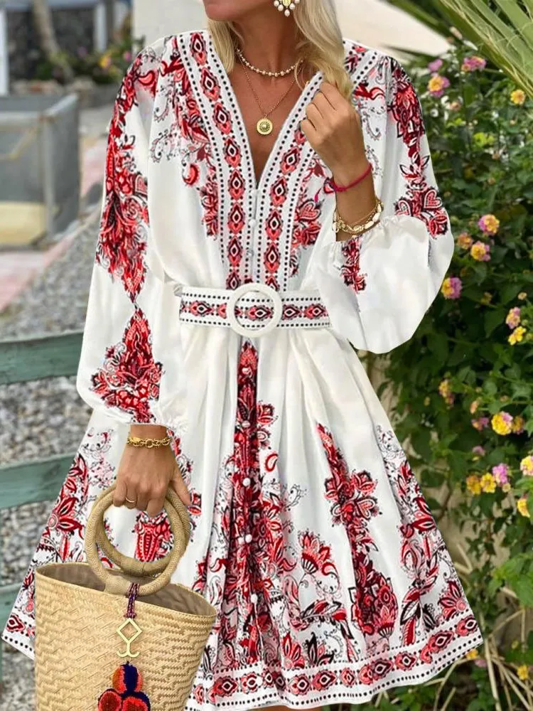 

Fashion Floral Print Loose Dress Lady Casual V Neck Long Sleeve Sashes Dresses For Women Holiday Boho Womens Clothing Summer New