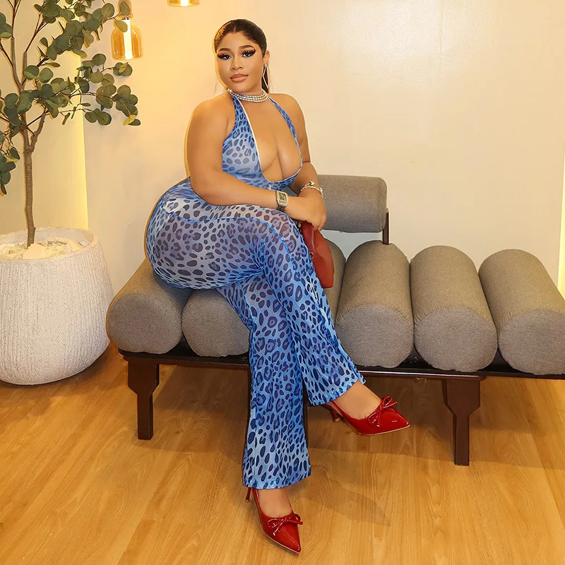 Leopard Print See Through Mesh Patchwork Flare Jumpsuits Women Sexy V Neck Lace Halter Backless Slim Boot Cut Overalls Clubwear